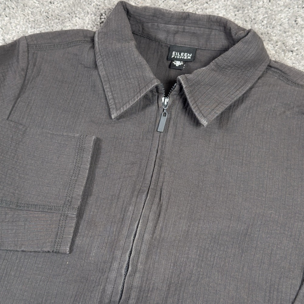 EILEEN FISHER Jacket Medium Gray Cotton Full Zip Lined High Neck USA